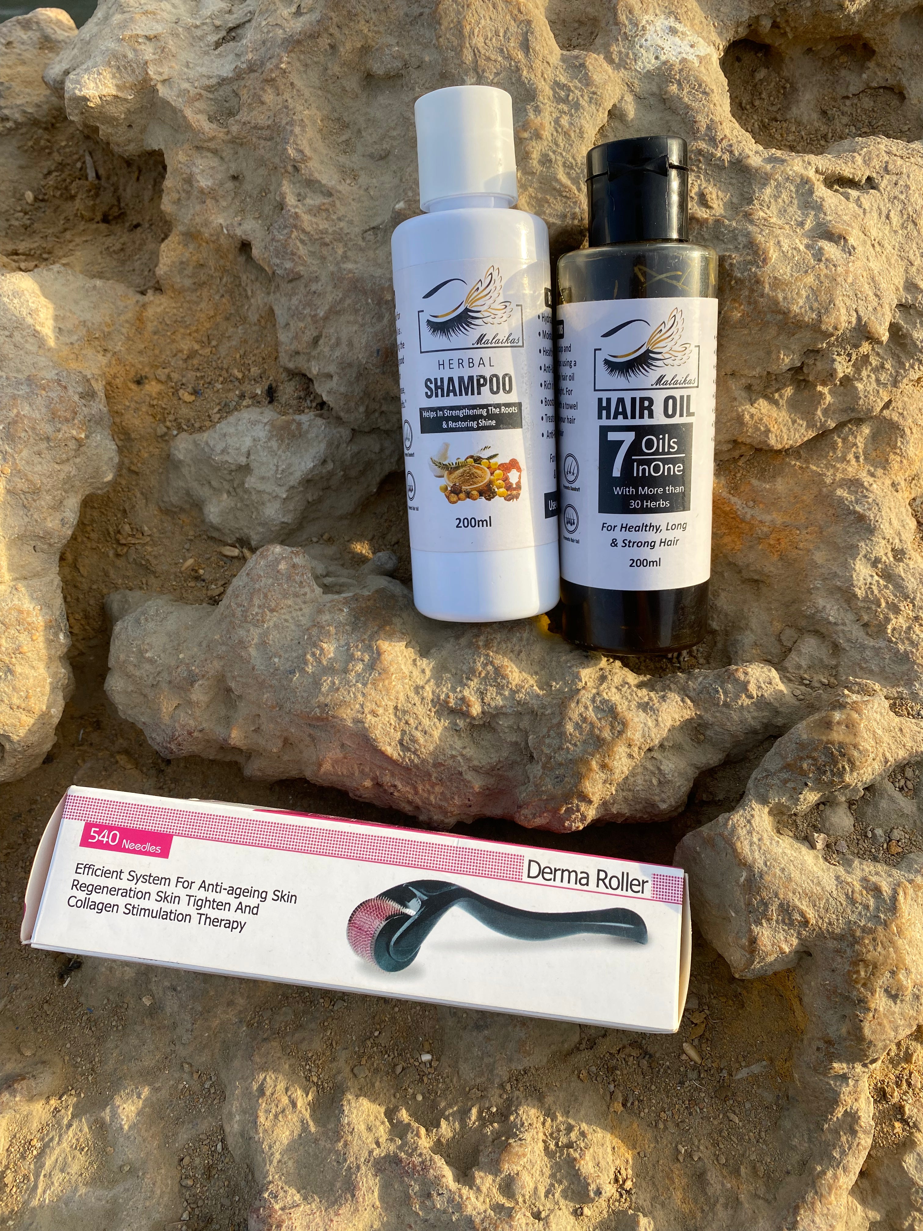 3 in 1 Deal  Malaikas Herbal Hair Shampoo, Herbal Hair Oil & Derma Roller